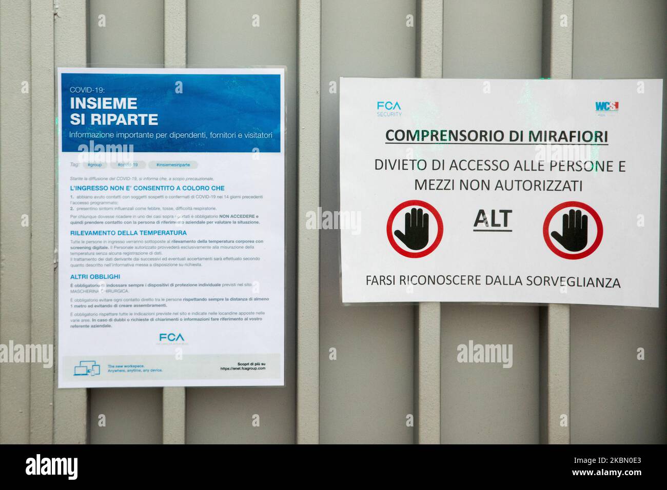 The work resumes at Mirafiori plant in Turin after the government set partial reopening plans, during the italian lockdown aimed at subdue the spread of the COVID-19 infection, caused by the novel coronavirus SARS-COV-2. On April 27, 2020 in Turin, Italy. On April 27, 2020 in Turin, Italy. (Photo by Mauro Ujetto/NurPhoto) Stock Photo