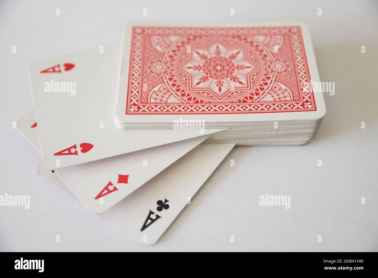 A pack of cards and three Aces in Athens, Greece on April 28, 2020. (Photo by Nikolas Kokovlis/NurPhoto) Stock Photo