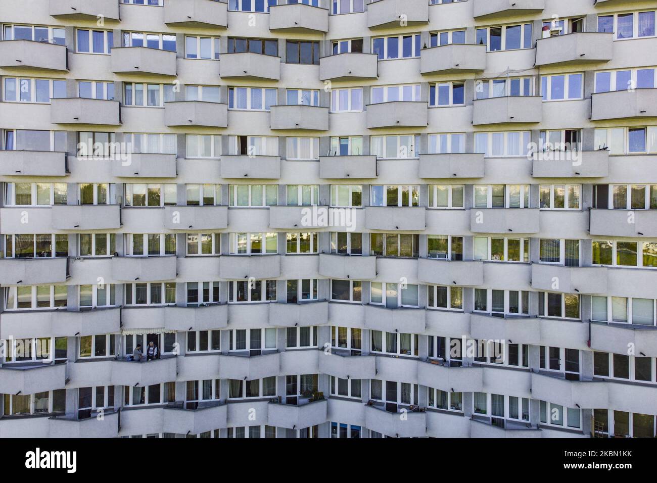 A residential building is seen in this aireal photo in Warsaw, Poland on April 27, 2020. The Polish government is facing an increasing push-back from it's opposition and local authorities in it's attempt to organize presidential elections during an epidemic. The ruling Law and Justice party has pushed through changes in legislation to go ahead with a postal vote despite health concerns and logistical complications. Starting May 4 the playgrounds will re-open as the goverment slowly eases restrictions on public life. (Photo by Jaap Arriens/NurPhoto) Stock Photo