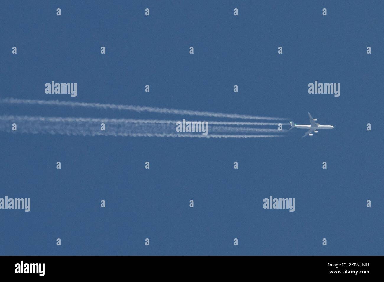 A Mahan Air, quad engine, commercial aircraft Airbus A340 as seen flying in the blue sky over Thessaloniki, Greece at the altitude of 39000 feet during a sunny day, leaving behind contrails or vapor condensation line. The transatlantic flight is from Las Piedras LSP airport in Venezuela to the capital of Iran, Search Results Web results Tehran Imam Khomeini International Airport. The wide-body long haul A340-600 or A346 plane has the registration EP-MMI and is powered by 4x RR jet engines. Mahan Airlines W5 IRM is a private airline based in Tehran. April 28, 2020 (Photo by Nicolas Economou/Nur Stock Photo