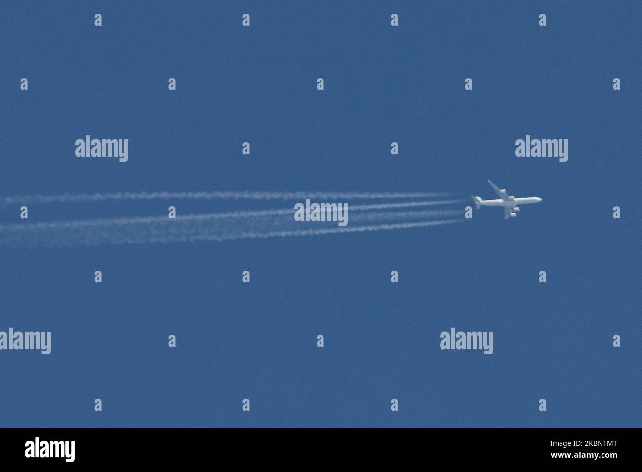 A Mahan Air, quad engine, commercial aircraft Airbus A340 as seen flying in the blue sky over Thessaloniki, Greece at the altitude of 39000 feet during a sunny day, leaving behind contrails or vapor condensation line. The transatlantic flight is from Las Piedras LSP airport in Venezuela to the capital of Iran, Search Results Web results Tehran Imam Khomeini International Airport. The wide-body long haul A340-600 or A346 plane has the registration EP-MMI and is powered by 4x RR jet engines. Mahan Airlines W5 IRM is a private airline based in Tehran. April 28, 2020 (Photo by Nicolas Economou/Nur Stock Photo