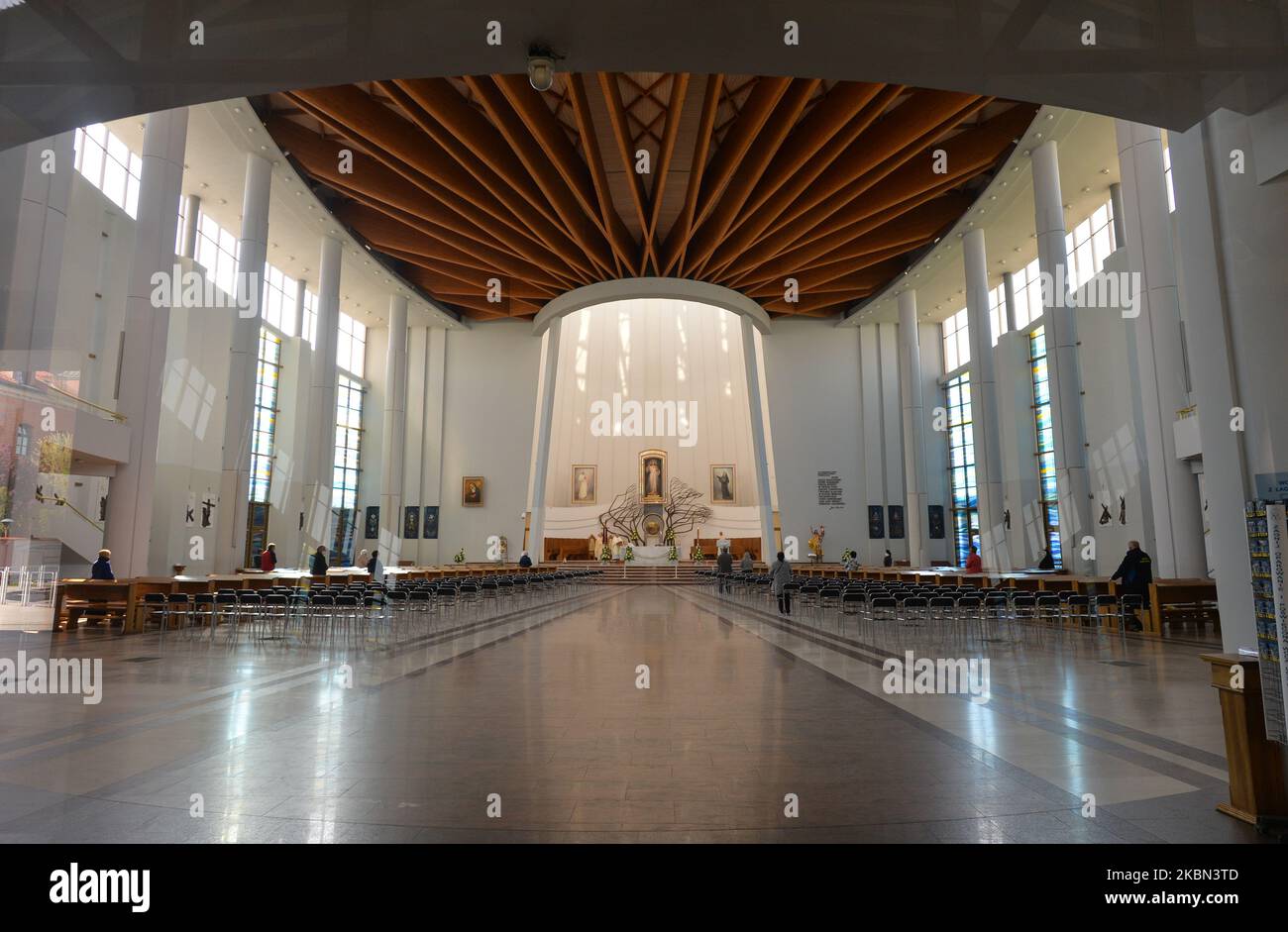 A view of the Sanctuary of the Divine Mercy, the resting place of Saint Faustina Kowalska, seen on the eve of the 20th anniversary of Sister Faustina's canonization. Maria Faustyna Kowalska, also known as Sister Maria Faustina of the Blessed Sacrament, was a Polish Roman Catholic nun. Her apparitions of Jesus Christ inspired the Roman Catholic devotion to the Divine Mercy. The Roman Catholic Church canonized Sister Faustina as a saint on 30 April 2000. On Wednesday, April 29, 2020, in Lagiewniki, Krakow, Poland. (Photo by Artur Widak/NurPhoto) Stock Photo