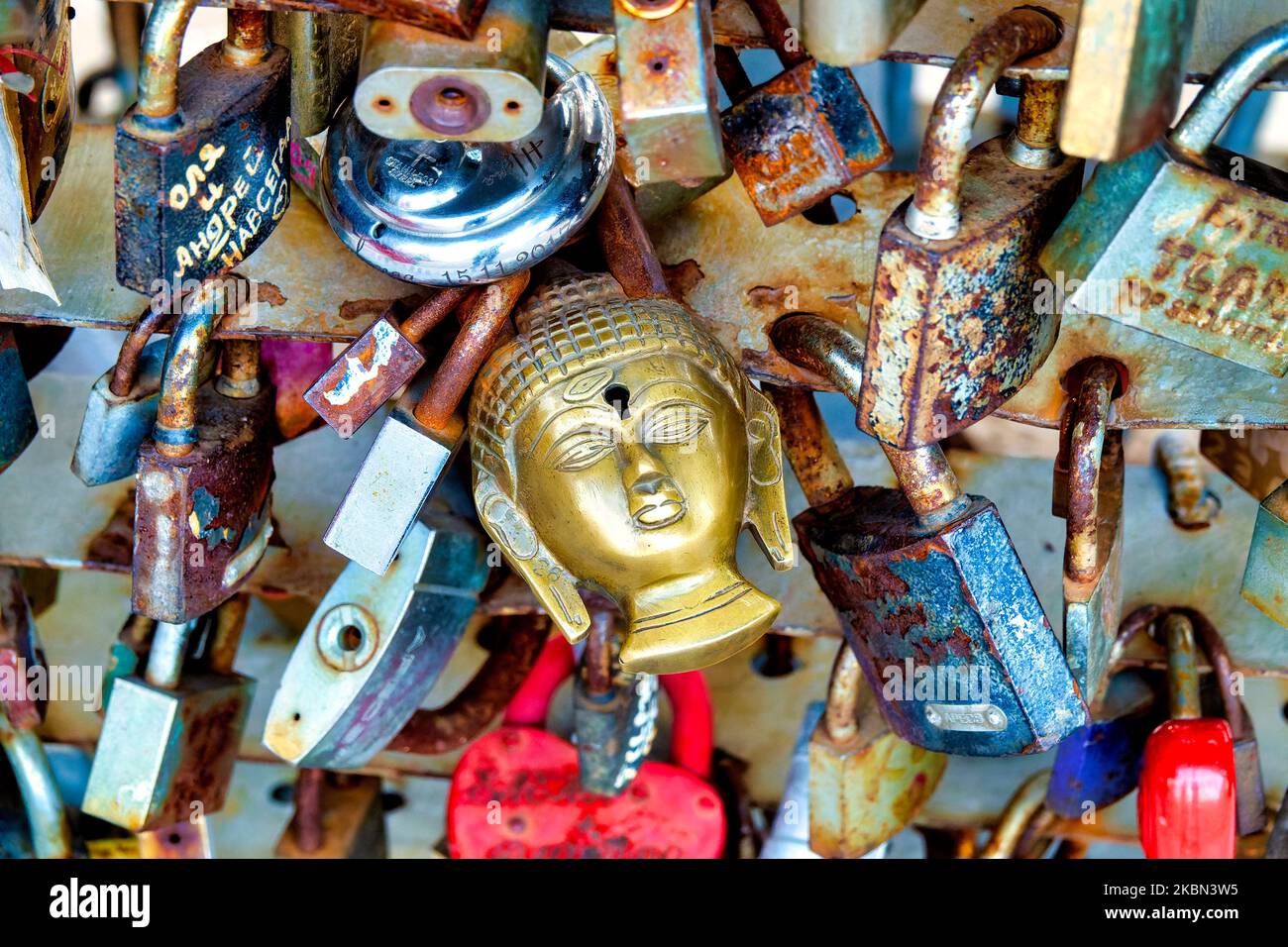 Buddha-shaped love lock on the 'Love heart of Odessa', Odessa, Ukraine Stock Photo