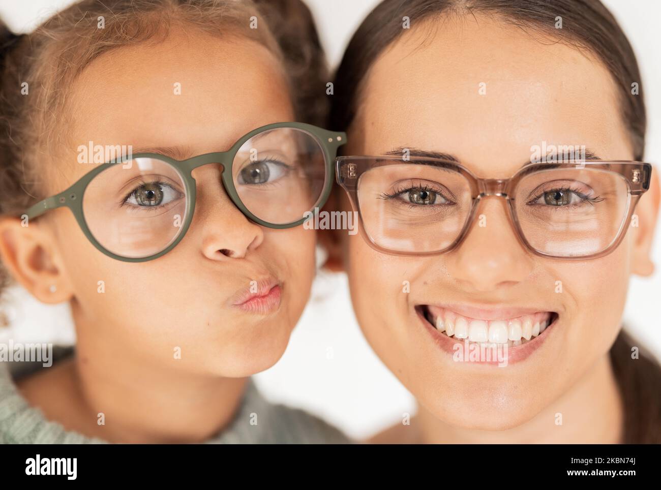 Family, optometry and eye care with glasses for mother and child