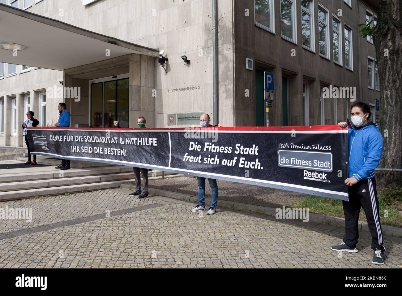 Demonstration for the opening of the fitness studios on 02 May 2020 in  front of the Lower Saxony state parliament in Hannover. Operators and  supporters demanded the opening of their businesses because