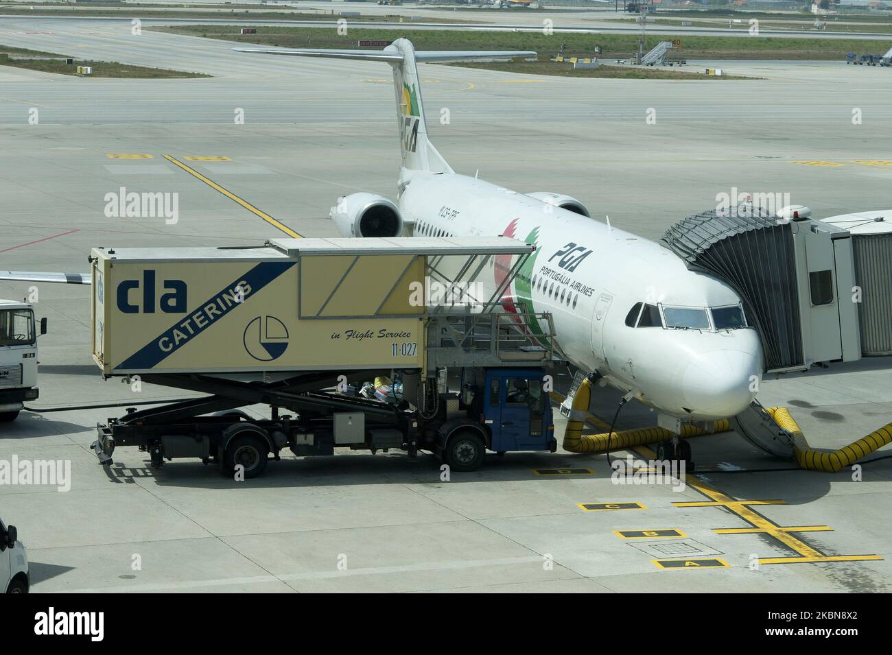 PGA - Portugalia Airlines Airlines operated passenger planes operated stop on the runway of Madrid Barajas airport, operated by Aena SA, in Madrid, Spain, on August 7, 2013. (Photo by Oscar Gonzalez/NurPhoto) Stock Photo