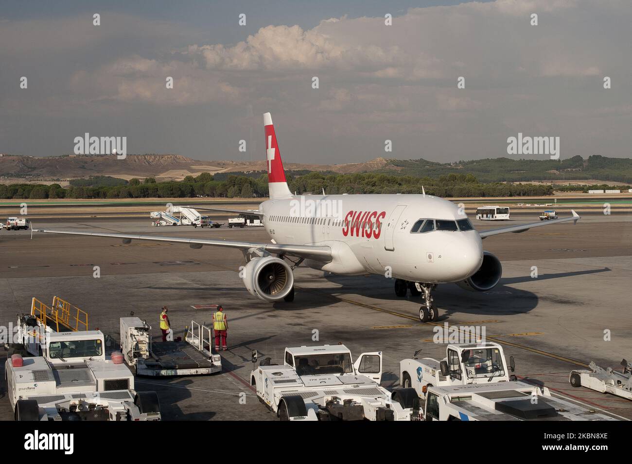 Swiss International Air Lines Airlines operated passenger planes operated stop on the runway of Madrid Barajas airport, operated by Aena SA, in Madrid, Spain, on August 7, 2013. (Photo by Oscar Gonzalez/NurPhoto) Stock Photo