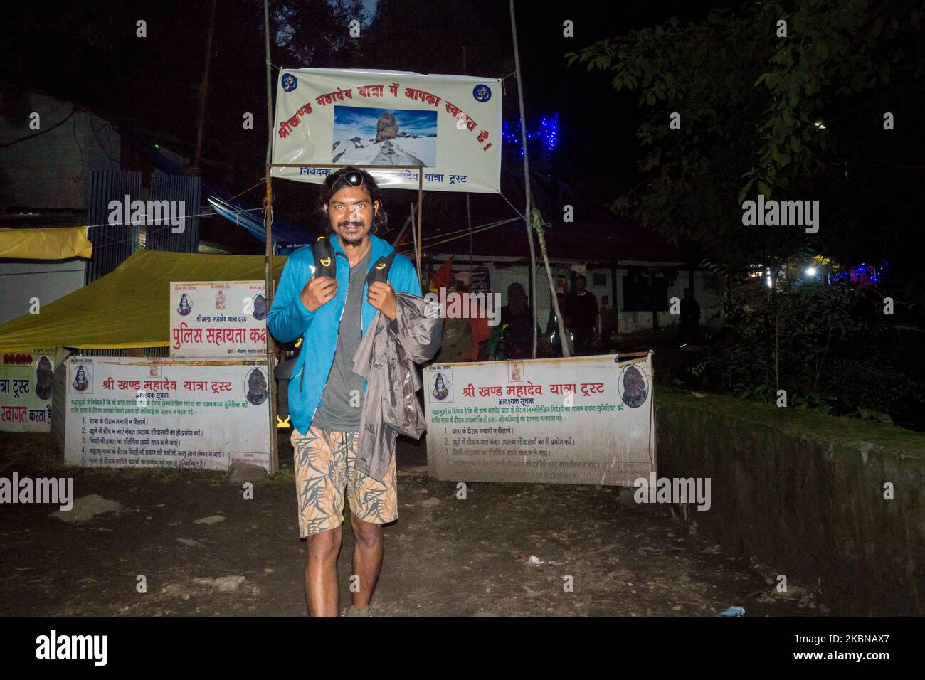 July 14th 2022, Himachal Pradesh India. A male trekker after completing the Shrikhand Mahadev Kailash Yatra in the Himalayas. Singhad Base camp at nig Stock Photo