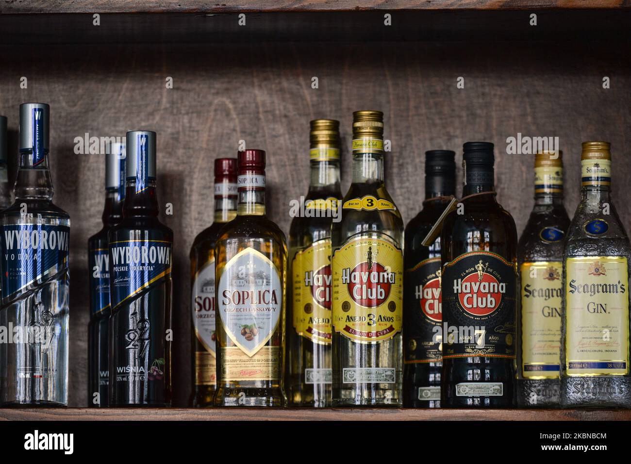 Bottles of vodka, rhum and gin, seen inside a closed 'Teatro Cubano