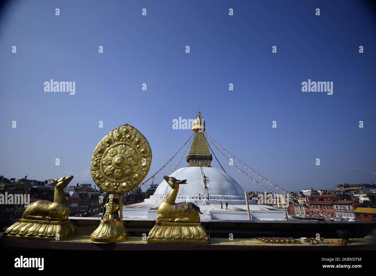 An view of Empty Boudhanath Stupa, a UNESCO World Heritage Site during the 2,564 Buddha Purnima festival, Birth Anniversary of Lord Gautam Buddha celebrated during nationwide lockdown as concerns about the spread of Corona Virus (COVID-19) at Kathmandu, Nepal on Thursday, May 07, 2020. Buddhists around the world, Cambodia; Thailand; Myanmar; Bhutan; Sri Lanka; Laos; Mongolia; Japan; Singapore; Taiwan including Nepal, observe Buddha Purnima festival which falls on the same day of full moon of the month calendar. (Photo by Narayan Maharjan/NurPhoto) Stock Photo
