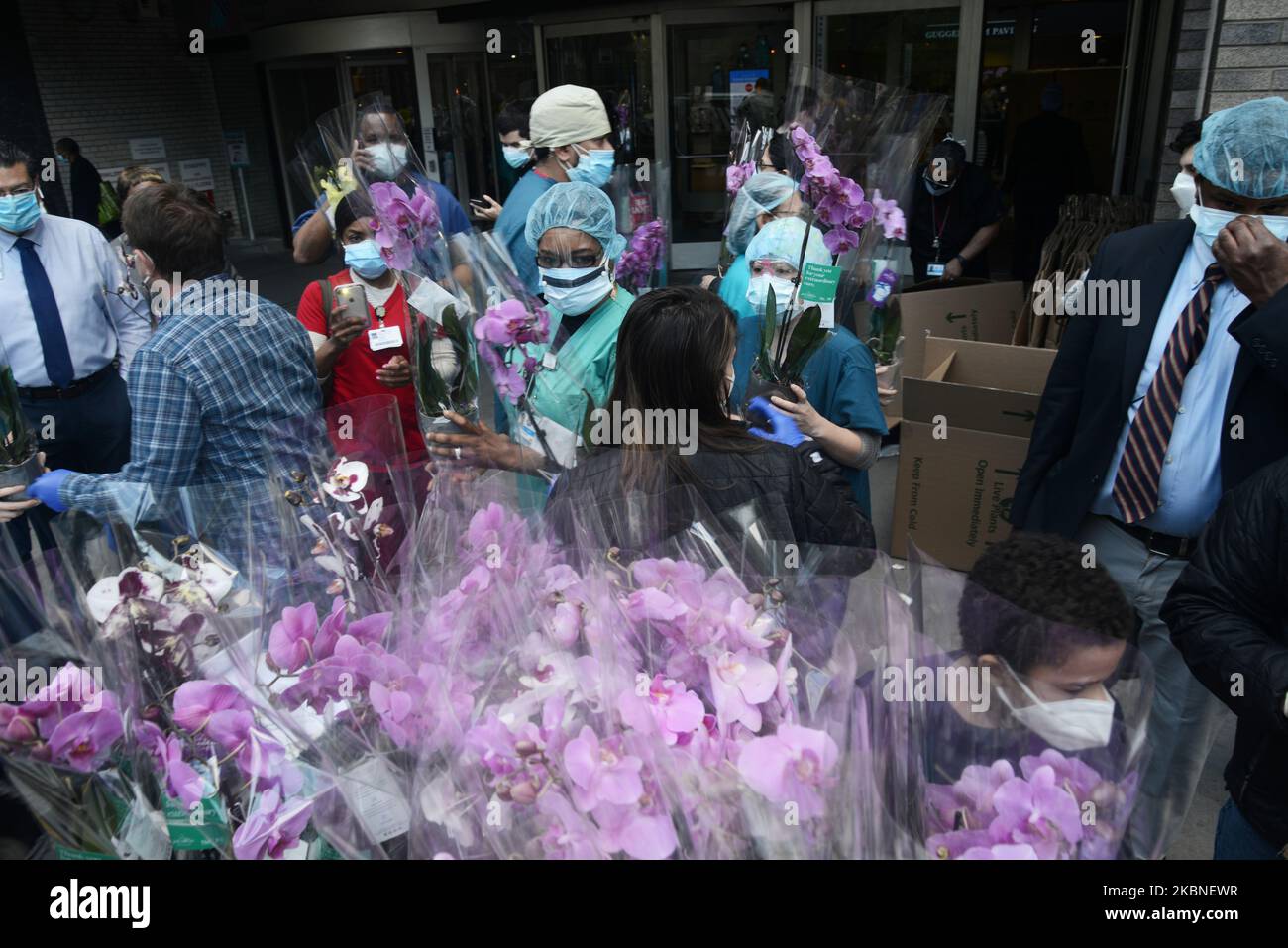 Hundreds of doctors and nurses from New York's Mount Sinai Hospital line up to receive flowers after donors delivered thousands of bouquets of orchids as a gesture of thanks during the coronavirus epidemic, Thursday, 07 May 2020. (Photo by B.A. Van Sise/NurPhoto) Stock Photo