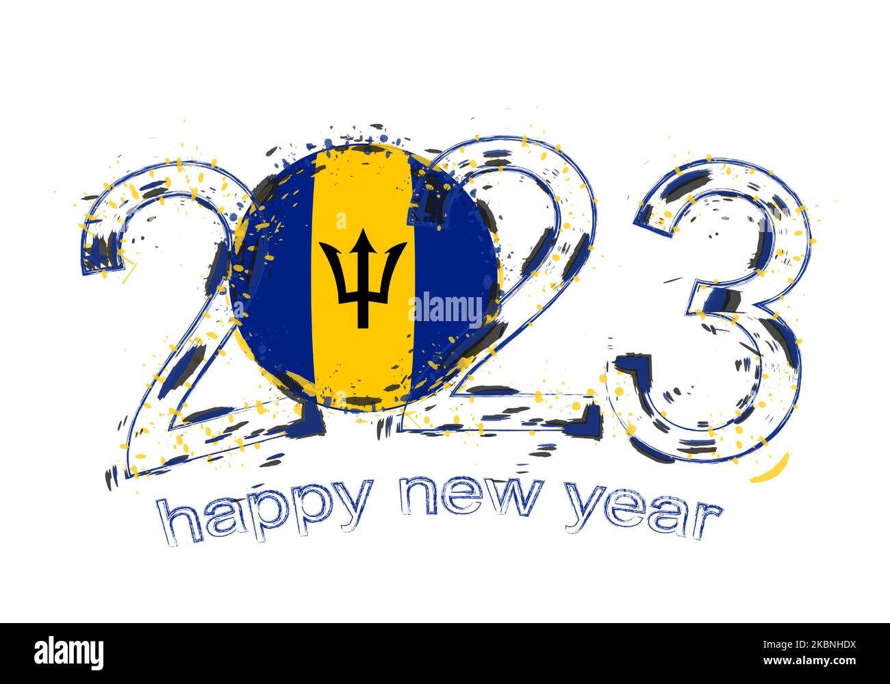 2023 Year in grunge style with flag of Barbados. Holiday grunge vector illustration. Stock Vector