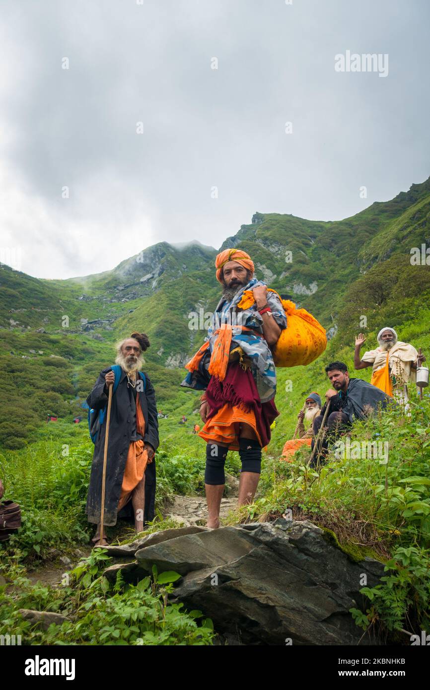July 14th 2022, Himachal Pradesh India. Himalayan Sadhus trekking in the mountains during Shrikhand Mahadev Kailash Yatra. Stock Photo