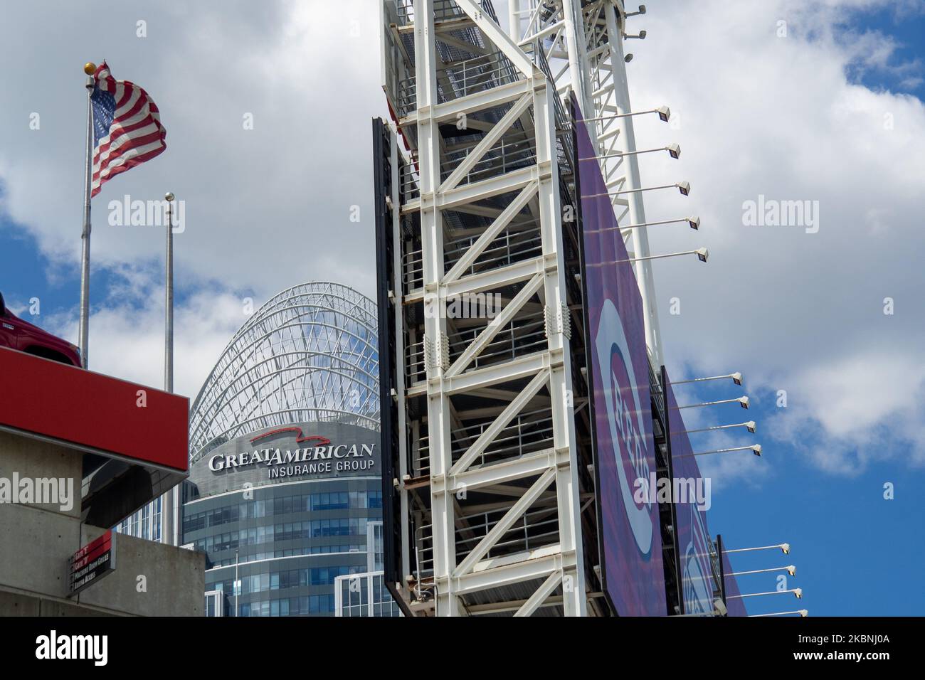 The American flag waves in the wind at Great American Ballpark in the wake of the Coronavirus COVID-19 pandemic, on May 6, 2020, in Cincinnati, Ohio, United States. (Photo by Jason Whitman/NurPhoto) Stock Photo