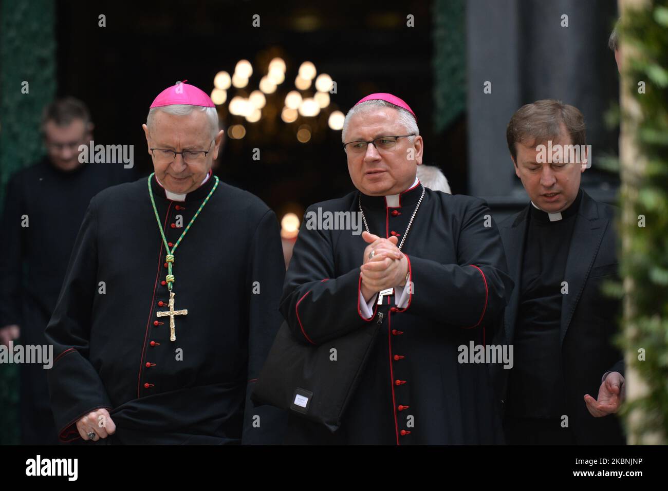 (L-R) Archbishop Stanislaw Gadecki and Bishop Artur G. Mizinski, leaving Wawel Cathedral, after the Holy Mass on the occasion of the feast of Saint Stanislaus, bishop and martyr, the main patron of Poland, with the participation of the Polish Episcopate. On Sunday, May 10, 2020, in Wawel Cathedral, Krakow, Poland. (Photo by Artur Widak/NurPhoto) Stock Photo
