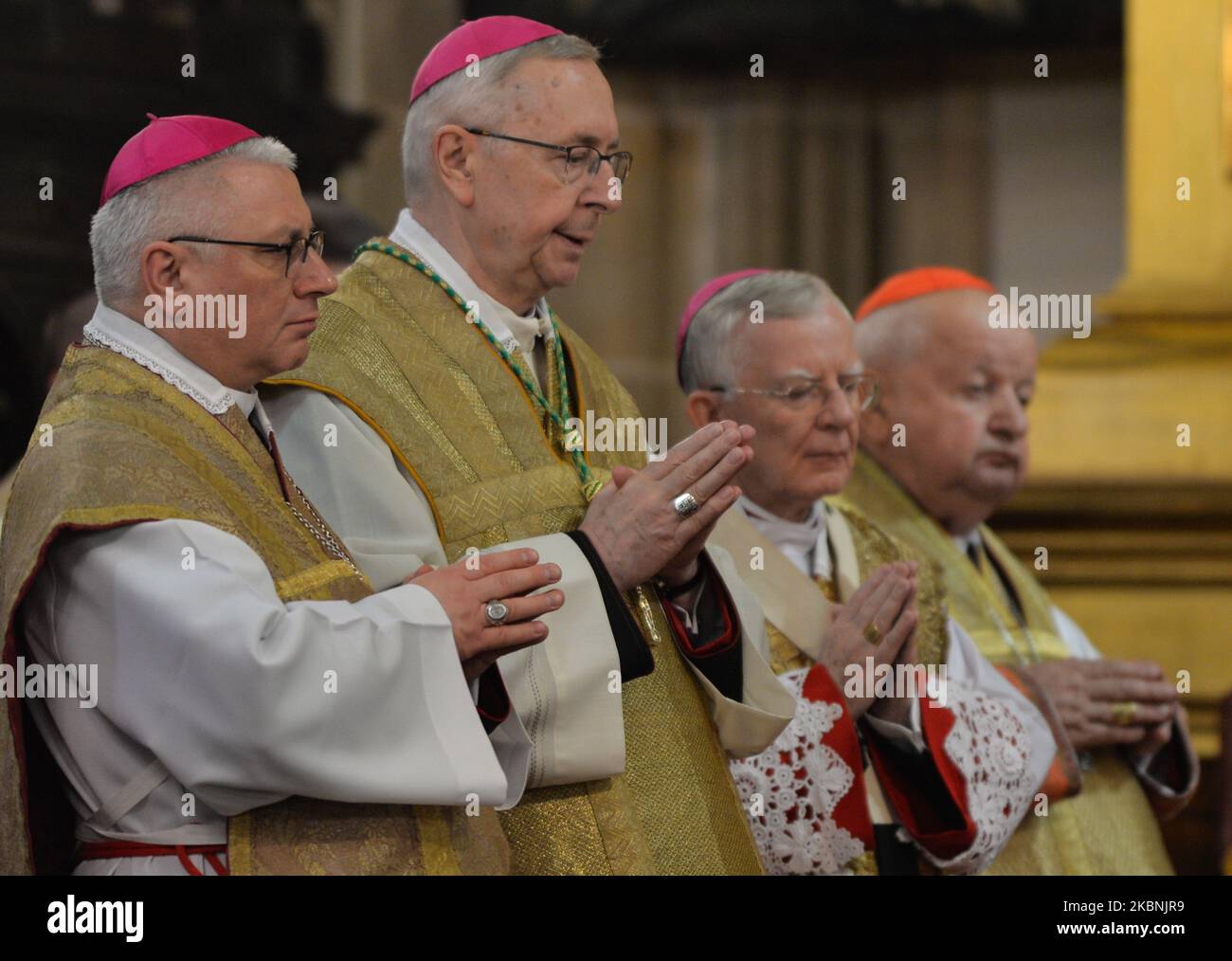 (L-R) Bishop Artur G. Mizinski, Archbishop Stanislaw Gadecki, Archbishop Marek Jedraszewski and Cardinal Stanislaw Dziwisz, during the Holy Mass led by Waclaw Depo, Archbishop of Czestochowa, on the occasion of the feast of Saint Stanislaus, bishop and martyr, the main patron of Poland, with the participation of the Polish Episcopate. On Sunday, May 10, 2020, in Wawel Cathedral, Krakow, Poland. (Photo by Artur Widak/NurPhoto) Stock Photo