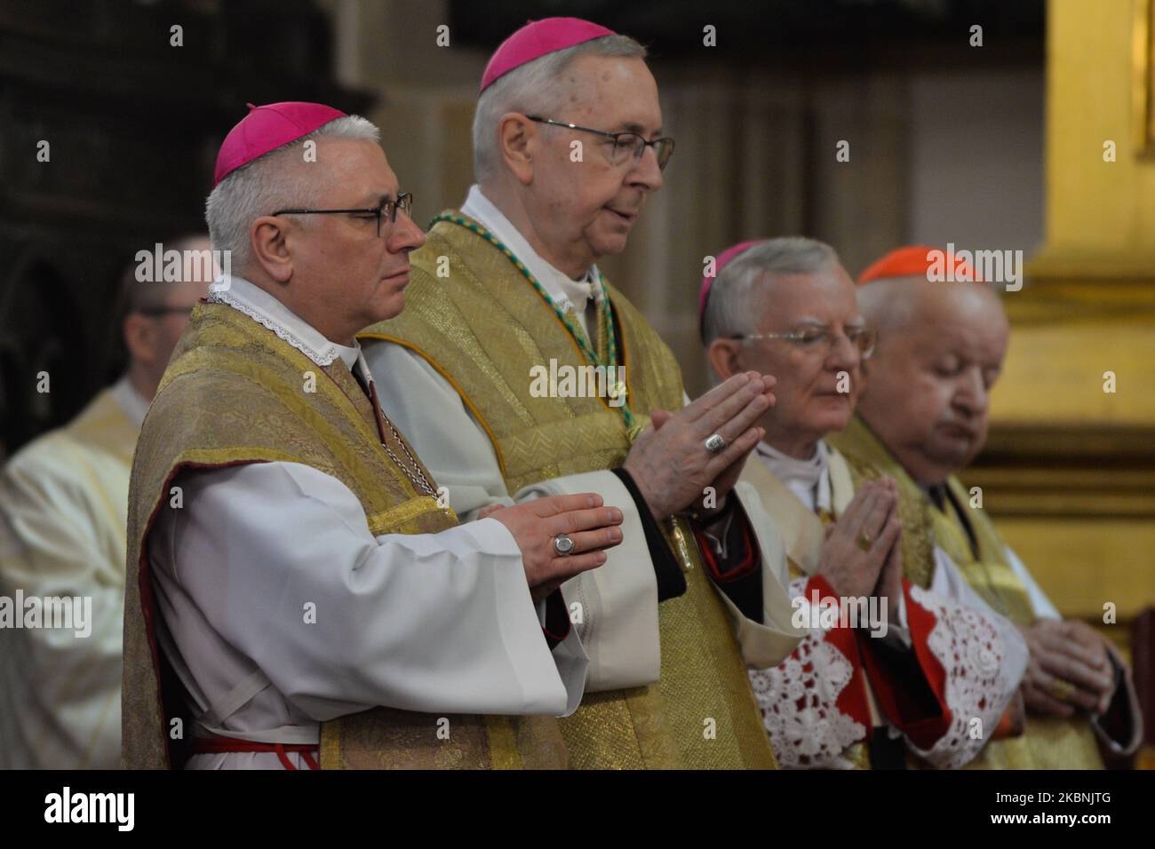 (L-R) Bishop Artur G. Mizinski, Archbishop Stanislaw Gadecki, Archbishop Marek Jedraszewski and Cardinal Stanislaw Dziwisz, during the Holy Mass led by Waclaw Depo, Archbishop of Czestochowa, on the occasion of the feast of Saint Stanislaus, bishop and martyr, the main patron of Poland, with the participation of the Polish Episcopate. On Sunday, May 10, 2020, in Wawel Cathedral, Krakow, Poland. (Photo by Artur Widak/NurPhoto) Stock Photo