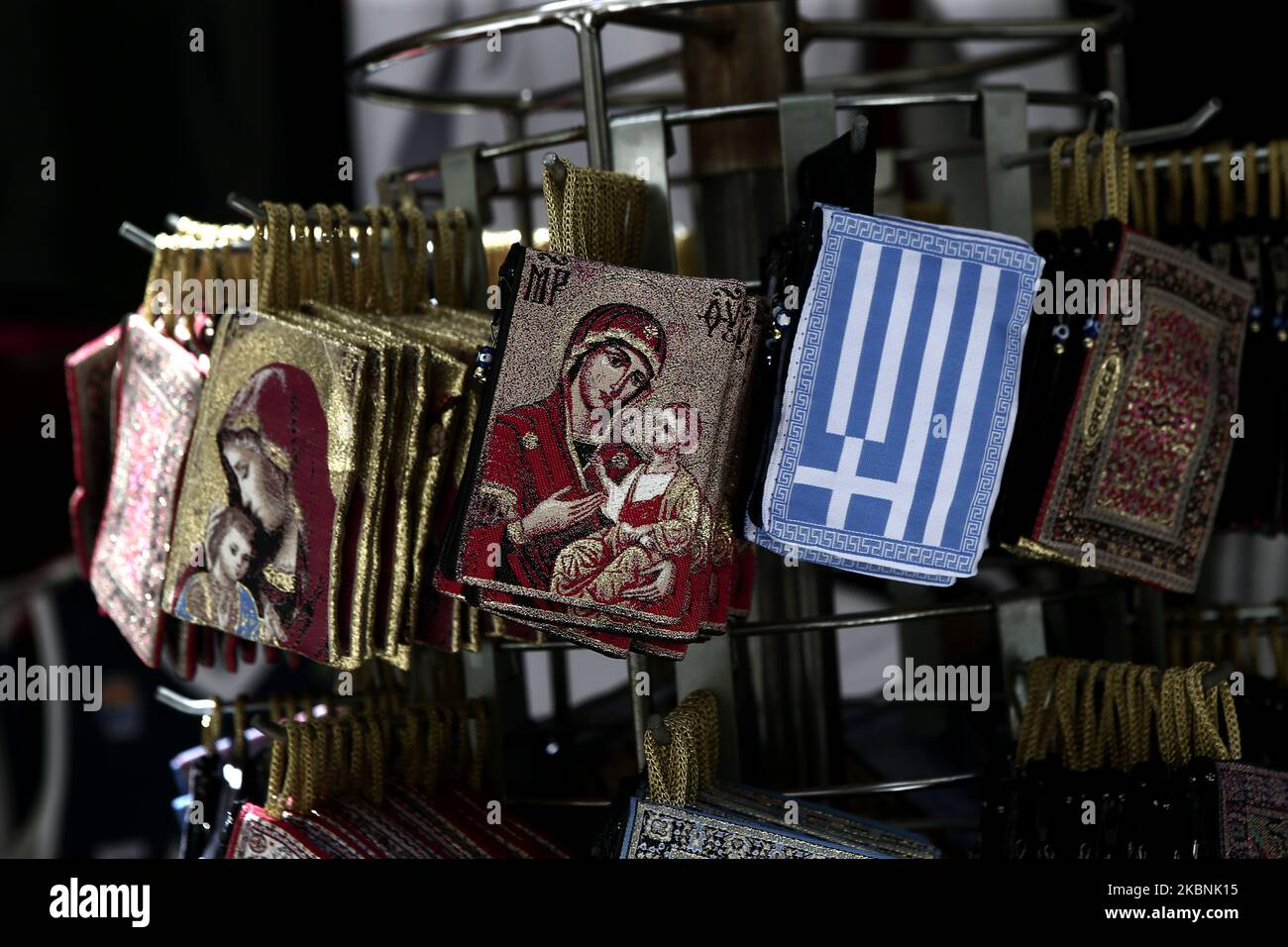 Souvenirs in a tourist shop in central Athens, Greece on May 11, 2020. Greece enters the second phase in lifting its lockdown, with all remaining retail stores that had been shut down in March allowed to reopen . According the Unions of Tourism Enterprises of Greece (SETE) tourism revenue losses in 2020 will be very large. (Photo by Panayotis Tzamaros/NurPhoto) Stock Photo
