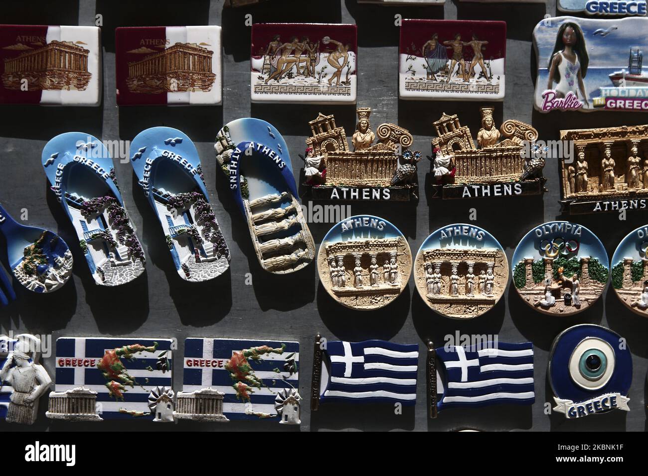 Souvenirs in a tourist shop in central Athens, Greece on May 11, 2020. Greece enters the second phase in lifting its lockdown, with all remaining retail stores that had been shut down in March allowed to reopen . According the Unions of Tourism Enterprises of Greece (SETE) tourism revenue losses in 2020 will be very large. (Photo by Panayotis Tzamaros/NurPhoto) Stock Photo