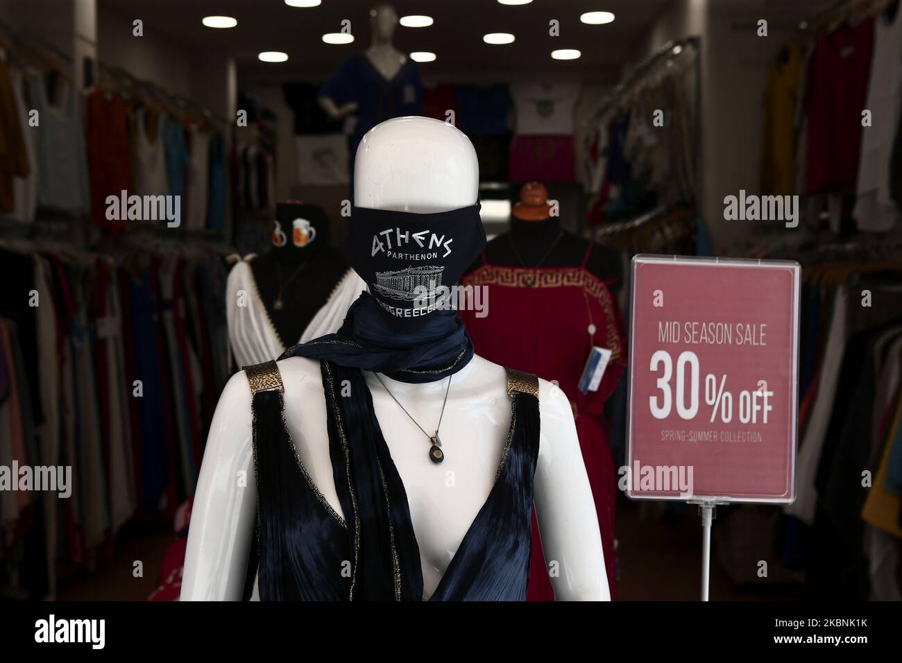 Souvenirs in a tourist shop in central Athens, Greece on May 11, 2020. Greece enters the second phase in lifting its lockdown, with all remaining retail stores that had been shut down in March allowed to reopen . According the Unions of Tourism Enterprises of Greece (SETE) tourism revenue losses in 2020 will be very large. (Photo by Panayotis Tzamaros/NurPhoto) Stock Photo