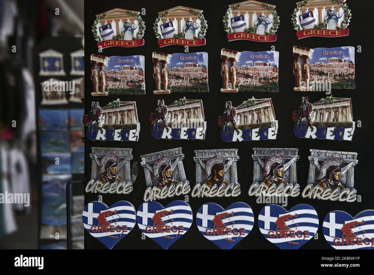 Souvenirs in a tourist shop in central Athens, Greece on May 11, 2020. Greece enters the second phase in lifting its lockdown, with all remaining retail stores that had been shut down in March allowed to reopen . According the Unions of Tourism Enterprises of Greece (SETE) tourism revenue losses in 2020 will be very large. (Photo by Panayotis Tzamaros/NurPhoto) Stock Photo