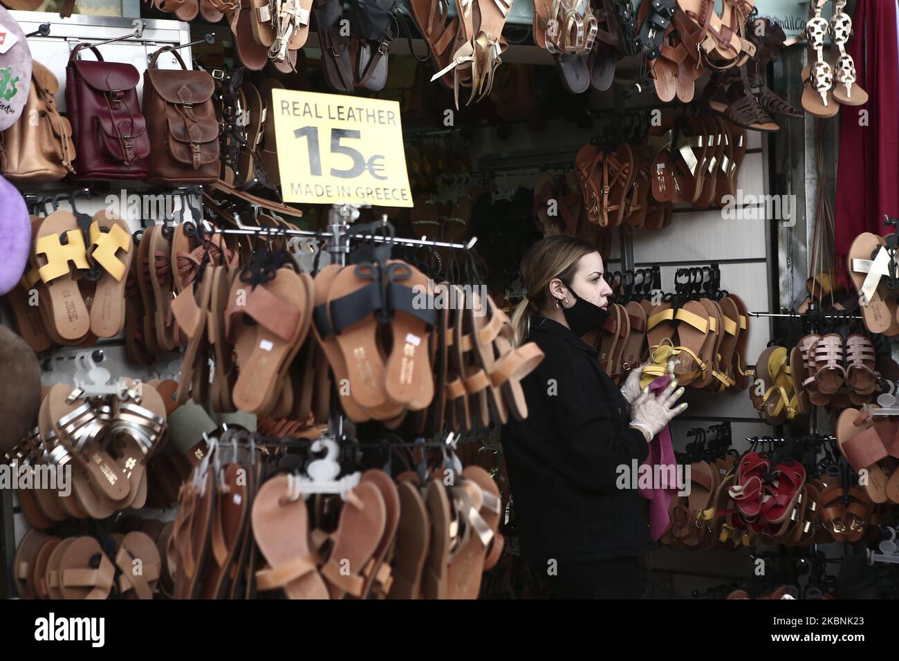 Souvenirs in a tourist shop in central Athens, Greece on May 11, 2020. Greece enters the second phase in lifting its lockdown, with all remaining retail stores that had been shut down in March allowed to reopen . According the Unions of Tourism Enterprises of Greece (SETE) tourism revenue losses in 2020 will be very large. (Photo by Panayotis Tzamaros/NurPhoto) Stock Photo