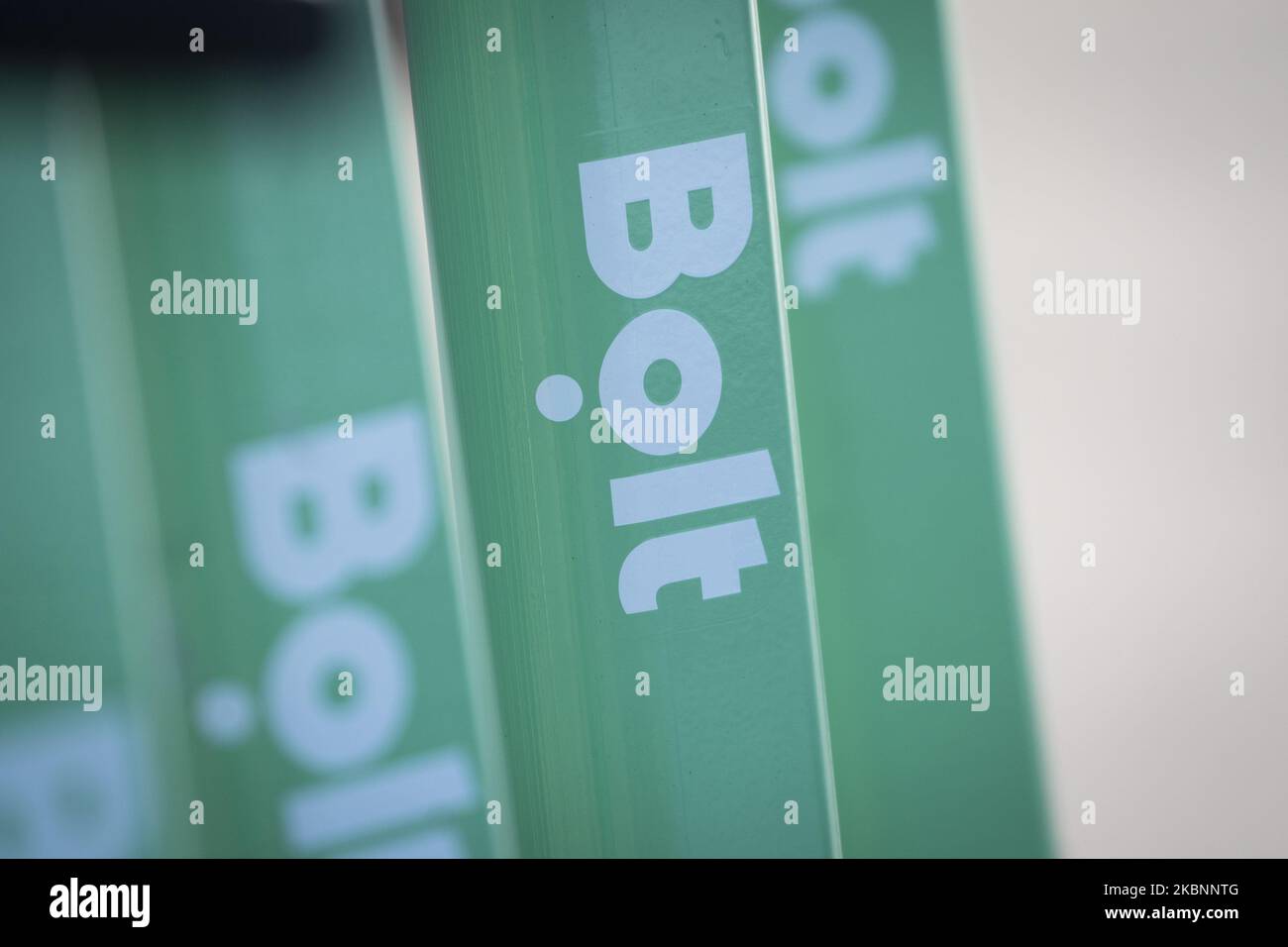 Bolt electric ride sharing scooters are seen in Warsaw, Poland on April