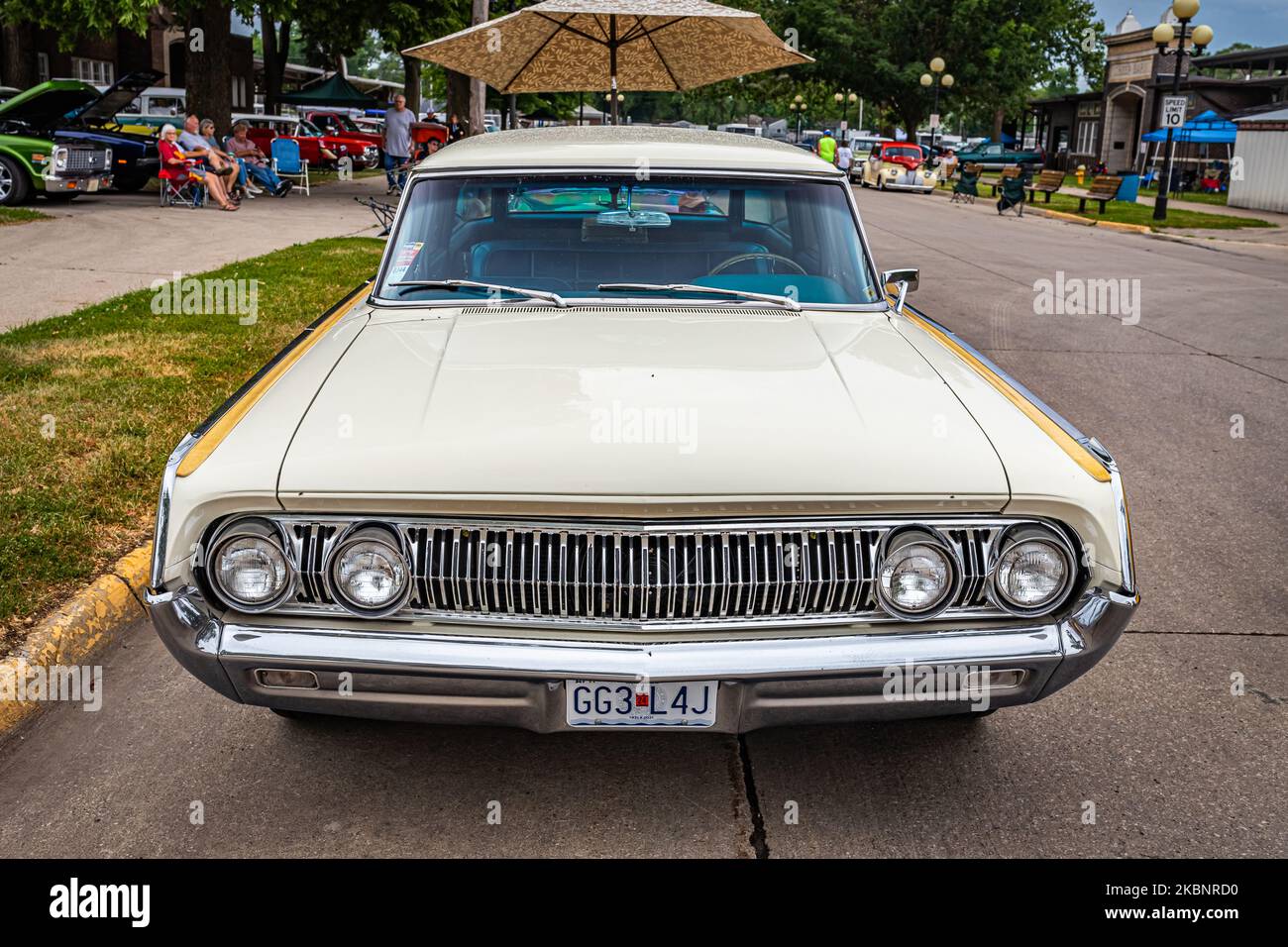 Des Moines, IA - July 01, 2022: High perspective front view of a 1964 Mercury Colony Park Station Wagon at a local car show. Stock Photo