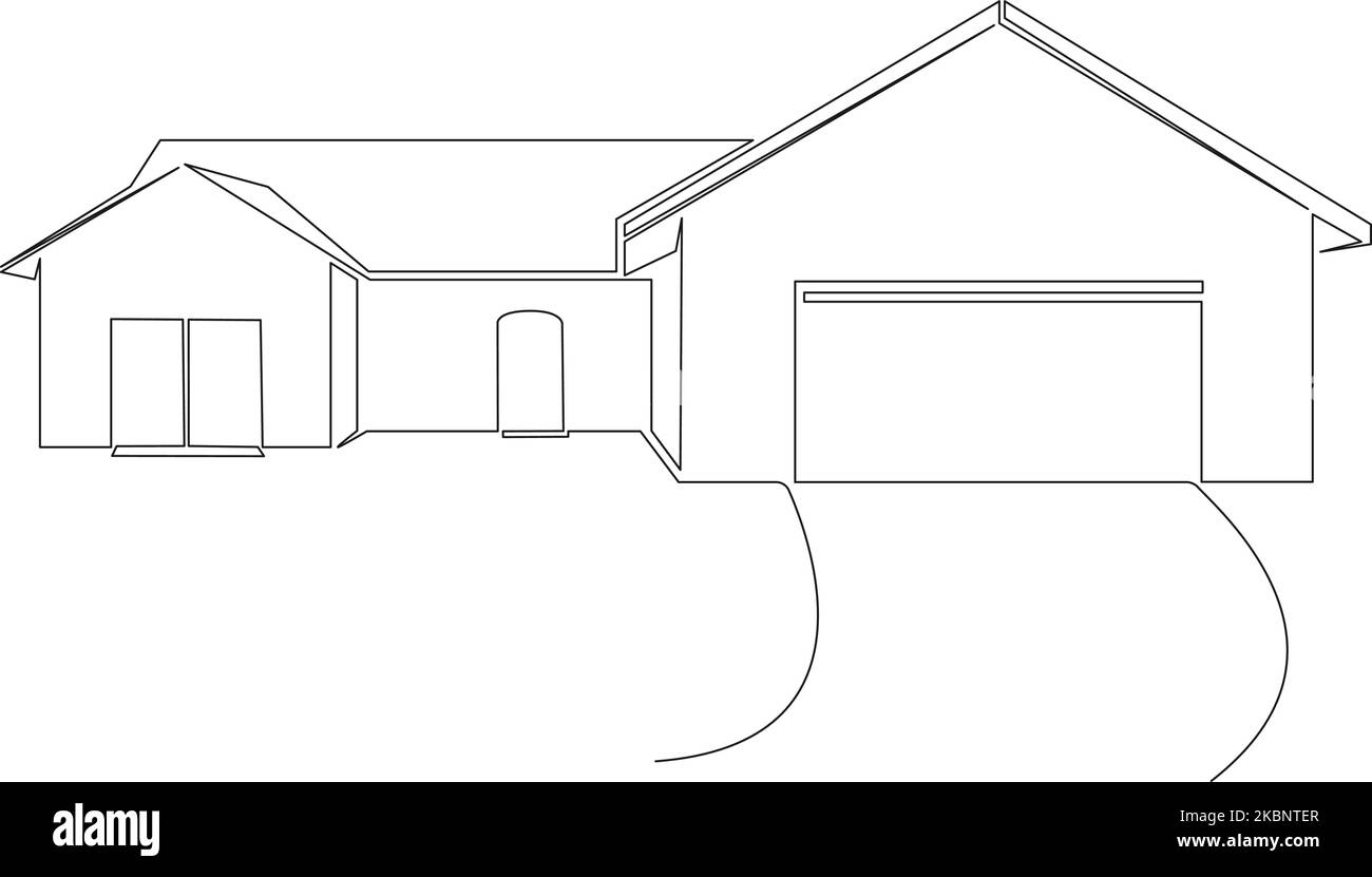 single line drawing of single-familiy home with garage, line art vector illustration Stock Vector