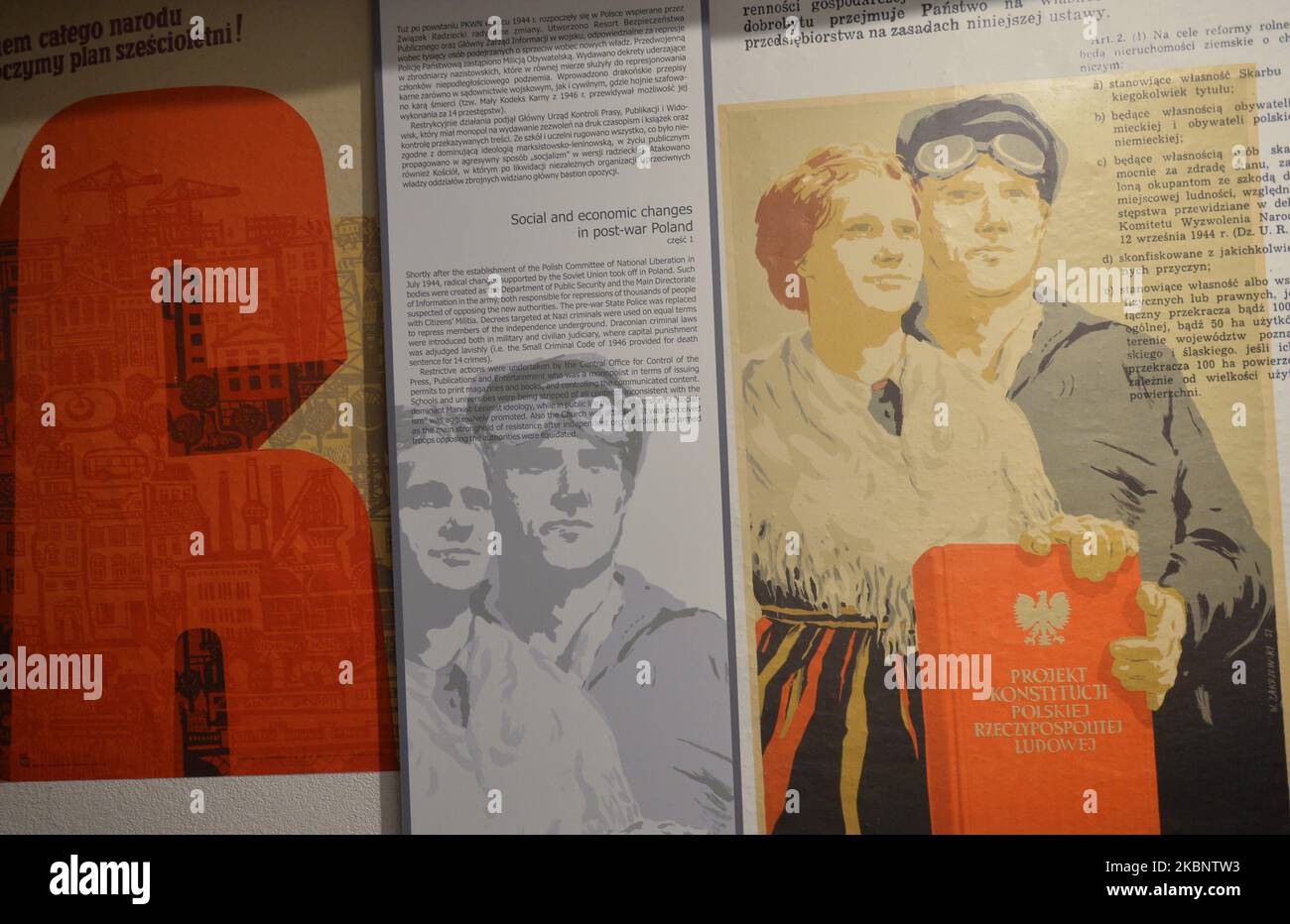 Post war propaganda posters inside the PRL Museum in Nowa Huta district of Krakow. The PRL Museum retraces the forty-year history of the pro-communist People's Republic of Poland (PRL). It it located in the former cinema 'Swiatowid'. The museum also offers guided tours through nuclear bunkers of Nowa Huta. On Monday, April 27, 2020, in Krakow, Poland. (Photo by Artur Widak/NurPhoto) Stock Photo