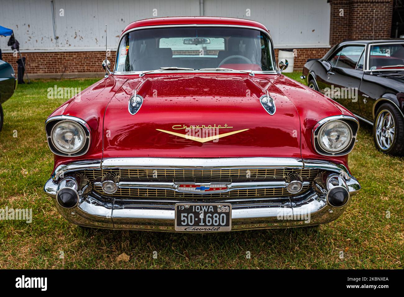 Des Moines, IA - July 01, 2022: High perspective front view of a 1957 Chevrolet BelAir Sedan Delivery at a local car show. Stock Photo