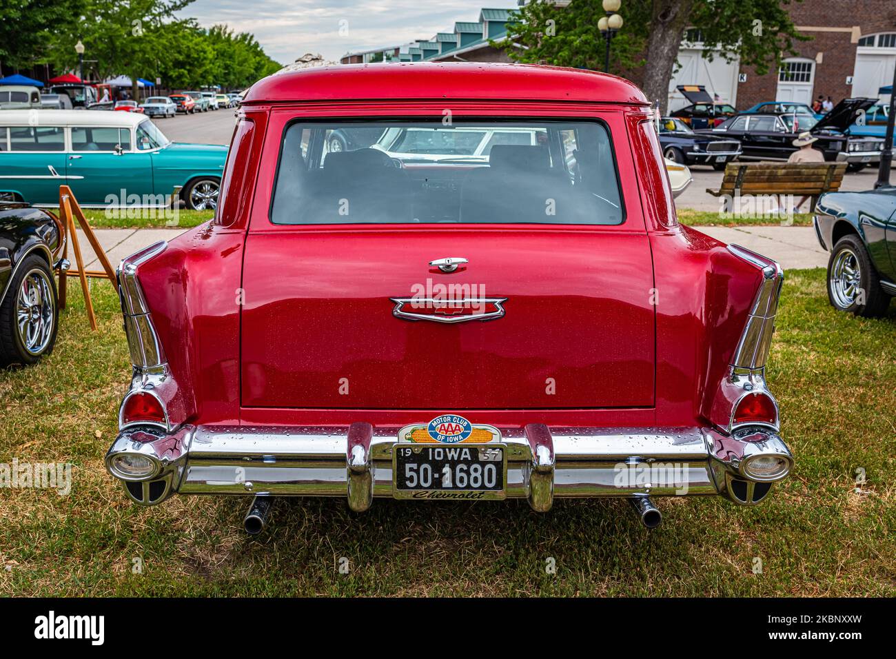 Des Moines, IA - July 01, 2022: High perspective rear view of a 1957 Chevrolet BelAir Sedan Delivery at a local car show. Stock Photo