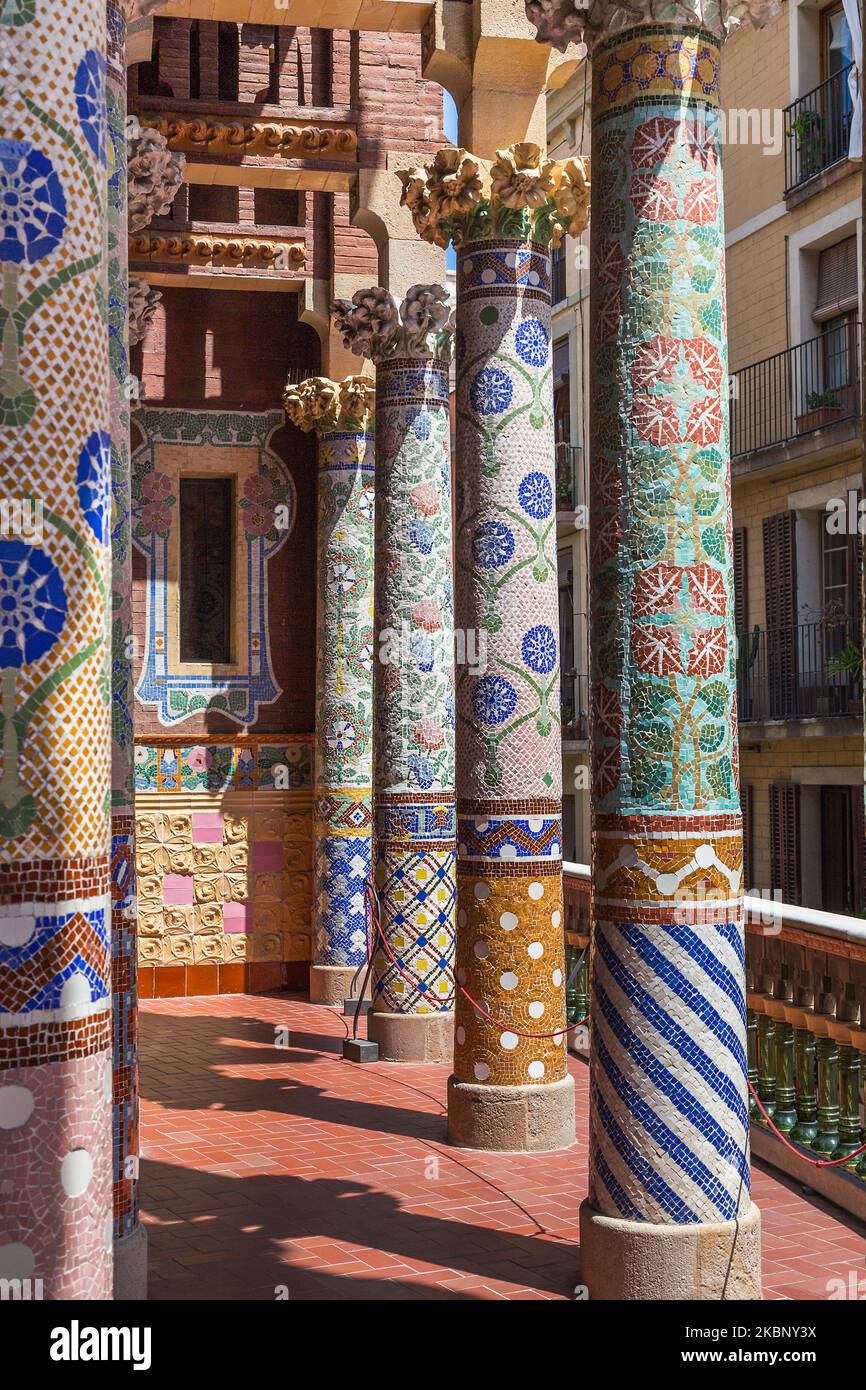 BARCELONA, SPAIN - MAY 17, 2017: These are colorful columns of the balcony of the Palace of the Catalan Music, a masterpiece in the Art Nouveau style. Stock Photo