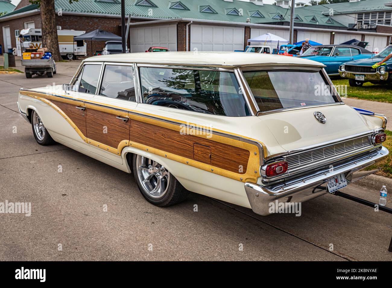Des Moines, IA - July 01, 2022: High perspective rear corner view of a 1964 Mercury Colony Park Station Wagon at a local car show. Stock Photo