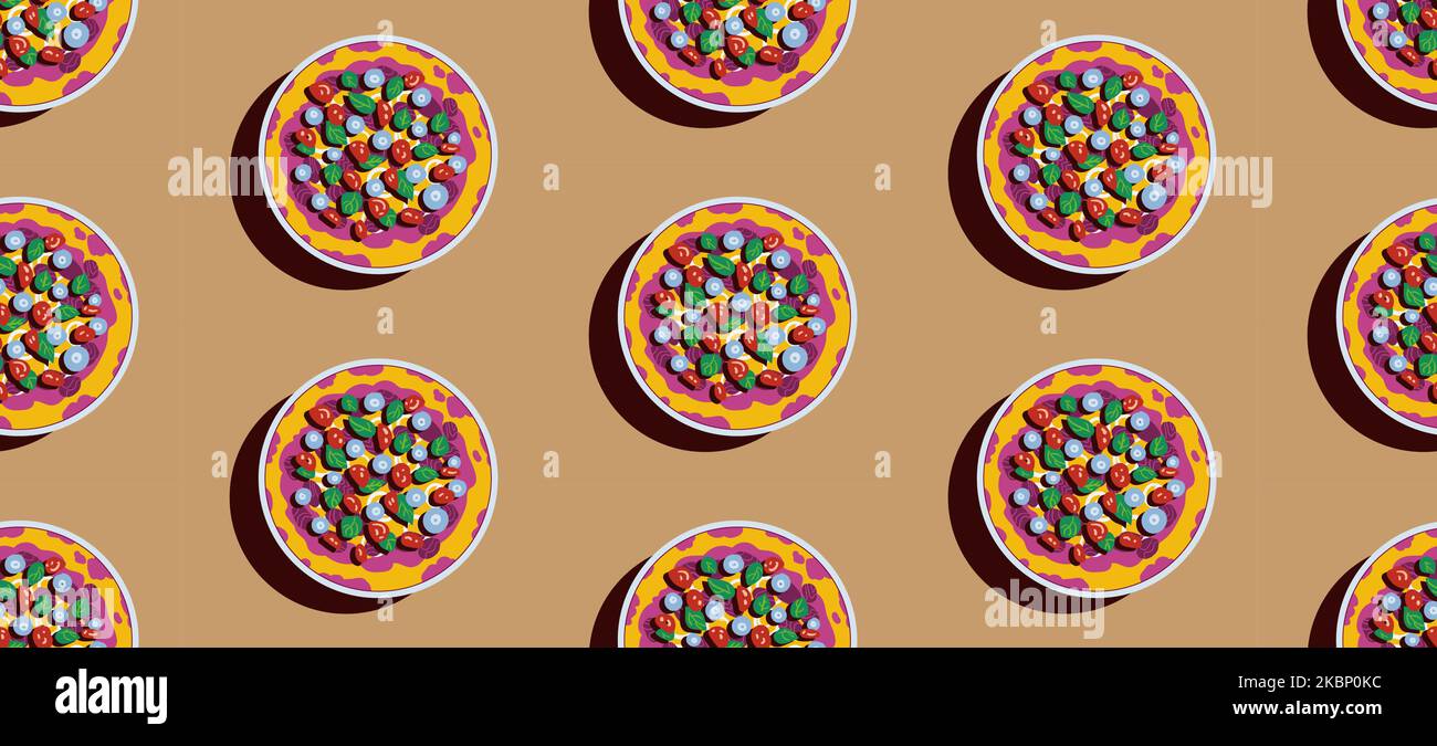 Delicious pizza on a plate on a table, vector flat style illustration, seamless pattern Stock Vector