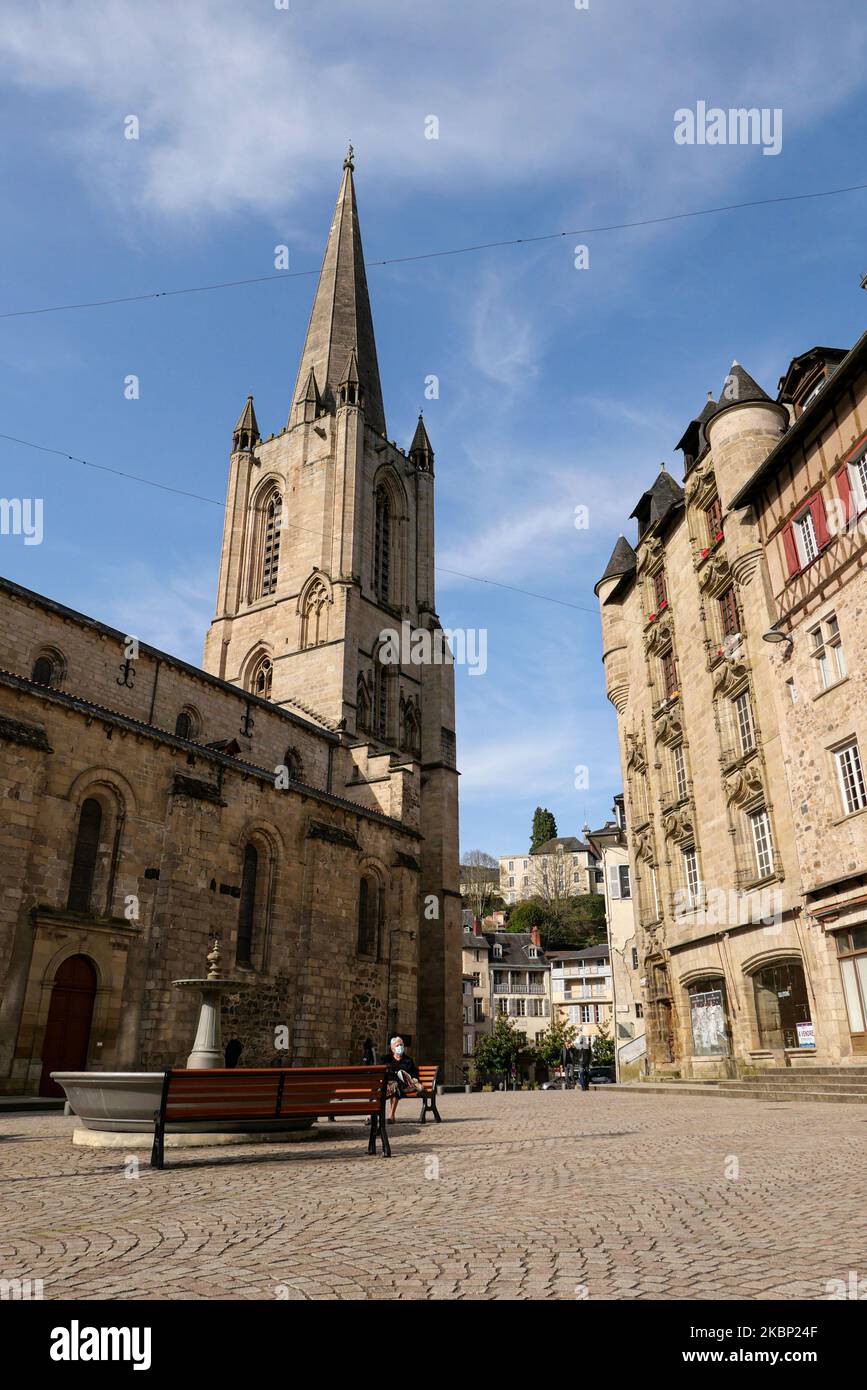 Tulle, central southern France: view of the steeple of Notre Dame Cathedral and “La Maison de Loyac”, both listed Historical Monuments, downtown on “p Stock Photo