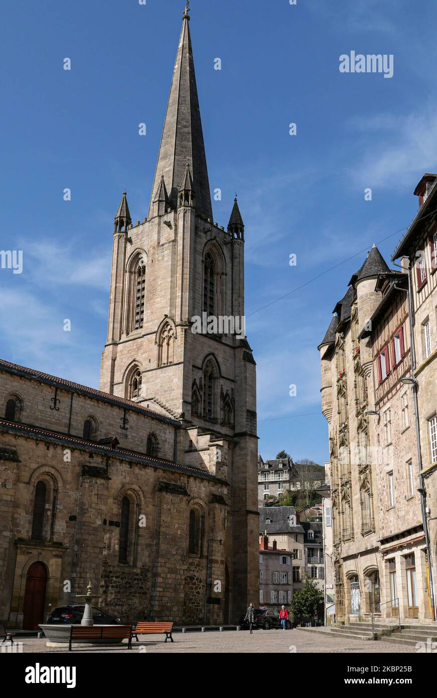 Tulle, central southern France: view of the steeple of Notre Dame Cathedral and “La Maison de Loyac”, both listed Historical Monuments, downtown on “p Stock Photo
