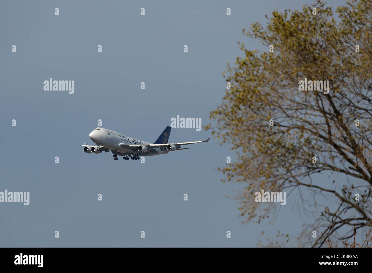 Saudi Arabian Airlines Boeing 747-400F aircraft, the nicknamed Queen of the Skies Jumbo Jet aircraft in a freight variant as seen on final approach landing at New York JFK John F Kennedy International Airport in NY, USA on February 13, 2020. The B747 quad jet, wide body cargo plane has the registration TC-ACG, is powered by 4x GE engines and is leased from ACT Airlines. Saudia Cargo is a gulf airfreight flag carrier with HQ in Jeddah, Saudi Arabia. (Photo by Nicolas Economou/NurPhoto) Stock Photo