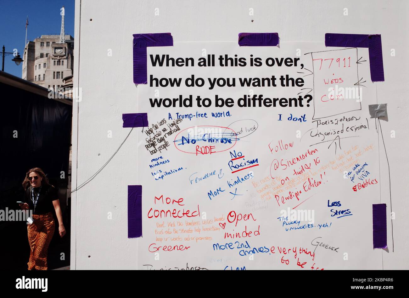 A poster asks people to write their hopes for how they want the world to be different 'when all this is over' on Regent Street in London, England, on May 21, 2020. Coronavirus cases are believed to be dropping to very low levels across the capital, with none at all recorded this Monday, according to data from Public Health England, and media reporting yesterday that six major London hospitals had recorded no covid-19 deaths for the previous 48 hours. UK-wide deaths meanwhile stand at 36,042 according to the daily total released this afternoon by the Department of Health and Social Care. (Photo Stock Photo
