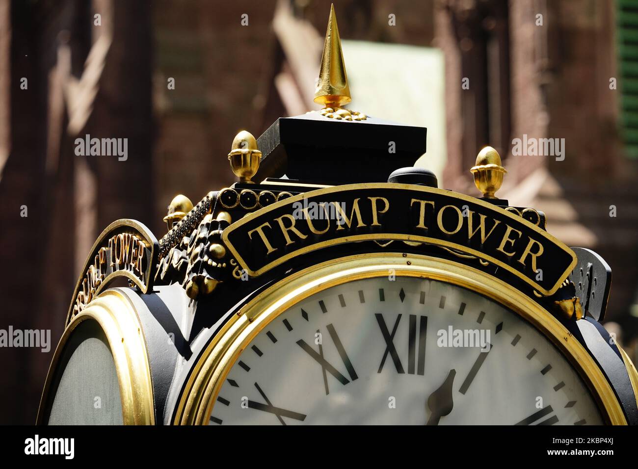 A view of Trump Tower clock outside Trump Tower during the coronavirus pandemic on May 20, 2020 in 5th Ave., New York City. COVID-19 has spread to most countries around the world, claiming over 316,000 lives with over 4.8 million infections reported. (Photo by John Nacion/NurPhoto) Stock Photo