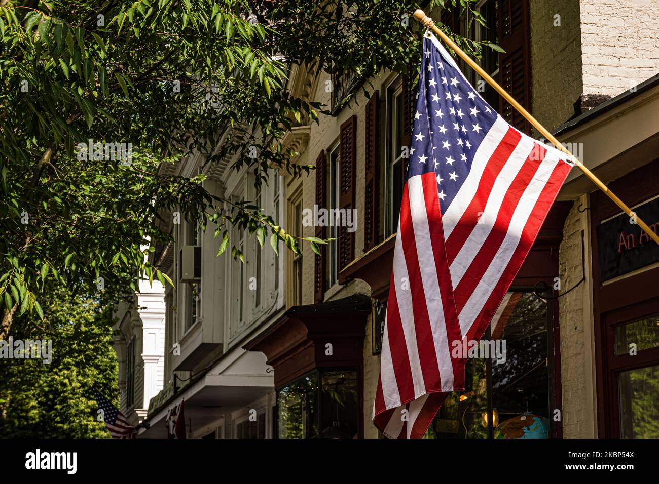 American Flag Shops Main Street   Stockbridge, Massachusetts, USA Stock Photo
