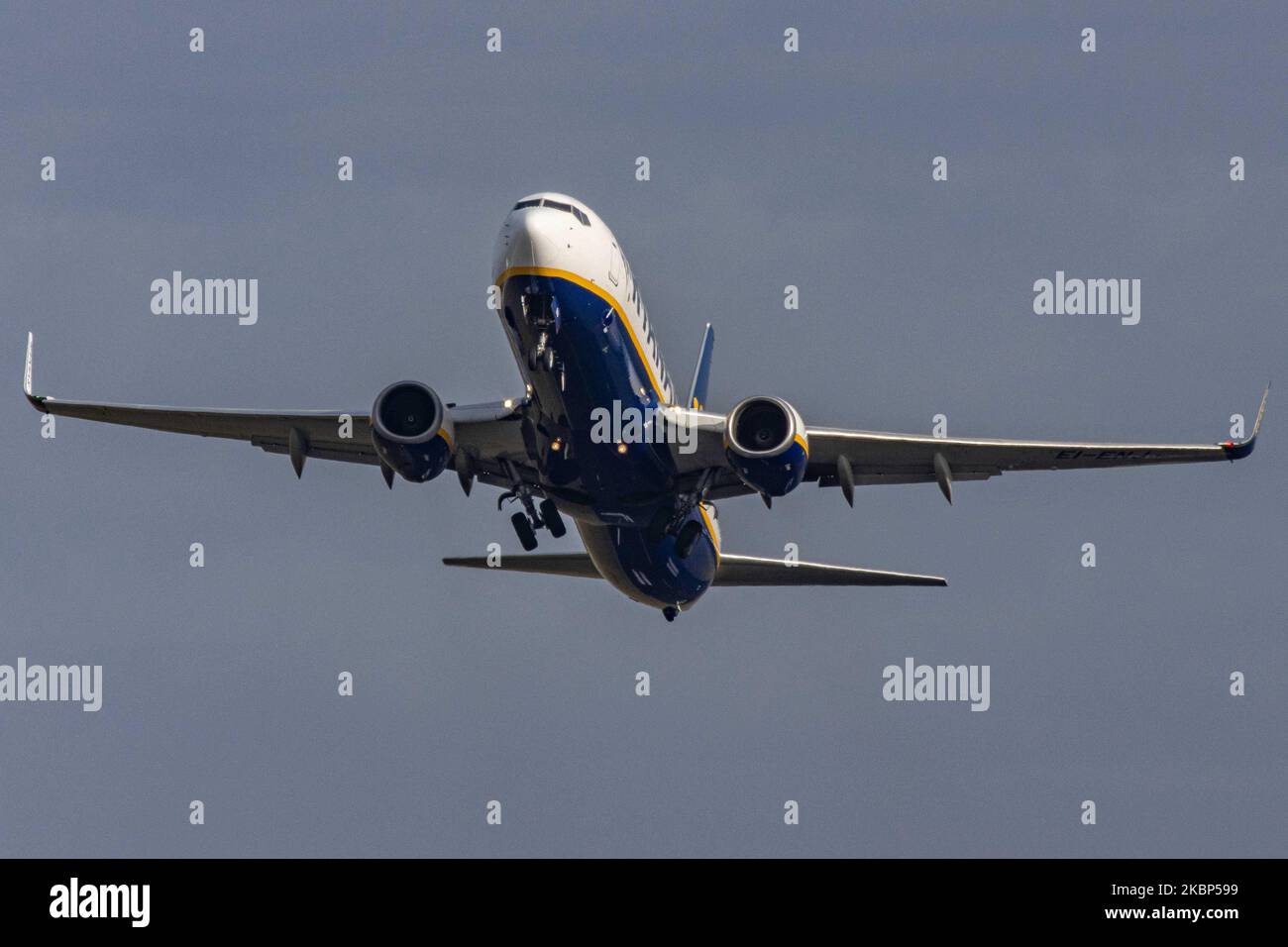 A Ryanair Boeing 737-800 commercial aircraft as seen during takeoff rotating and flying off the runway at Eindhoven EIN EHEH airport in the Netherlands. The narrow body Boeing 737NG airplane has the registration EI-ENJ. Ryanair RYR FR is an Irish budget airline, the largest European low cost carrier with headquarters in Dublin, Irelands. February 2020 (Photo by Nicolas Economou/NurPhoto) Stock Photo