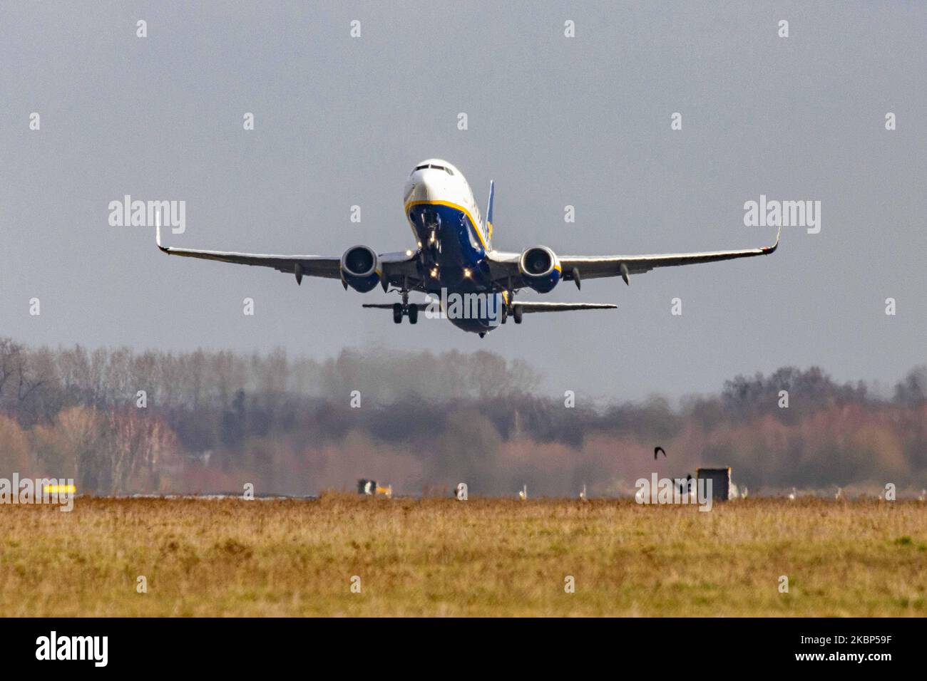 A Ryanair Boeing 737-800 commercial aircraft as seen during takeoff rotating and flying off the runway at Eindhoven EIN EHEH airport in the Netherlands. The narrow body Boeing 737NG airplane has the registration EI-ENJ. Ryanair RYR FR is an Irish budget airline, the largest European low cost carrier with headquarters in Dublin, Irelands. February 2020 (Photo by Nicolas Economou/NurPhoto) Stock Photo