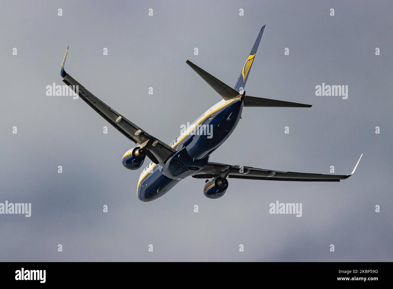 A Ryanair Boeing 737-800 commercial aircraft as seen during takeoff rotating and flying off the runway at Eindhoven EIN EHEH airport in the Netherlands. The narrow body Boeing 737NG airplane has the registration EI-ENJ. Ryanair RYR FR is an Irish budget airline, the largest European low cost carrier with headquarters in Dublin, Irelands. February 2020 (Photo by Nicolas Economou/NurPhoto) Stock Photo