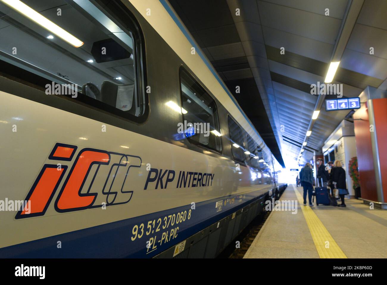 A view of a Pendolino train seen in Krakow central train station. Polish national railway operator PKP Intercity has restored the high-speed traffic. The first Pendolino trains returned to the tracks today after a two-month suspension. However, only the Krakow – Warsaw – Gdynia route is served at the moment. On Friday, May 22, 2020, Krakow, Lesser Poland Voivodeship, Poland (Photo by Artur Widak/NurPhoto) Stock Photo