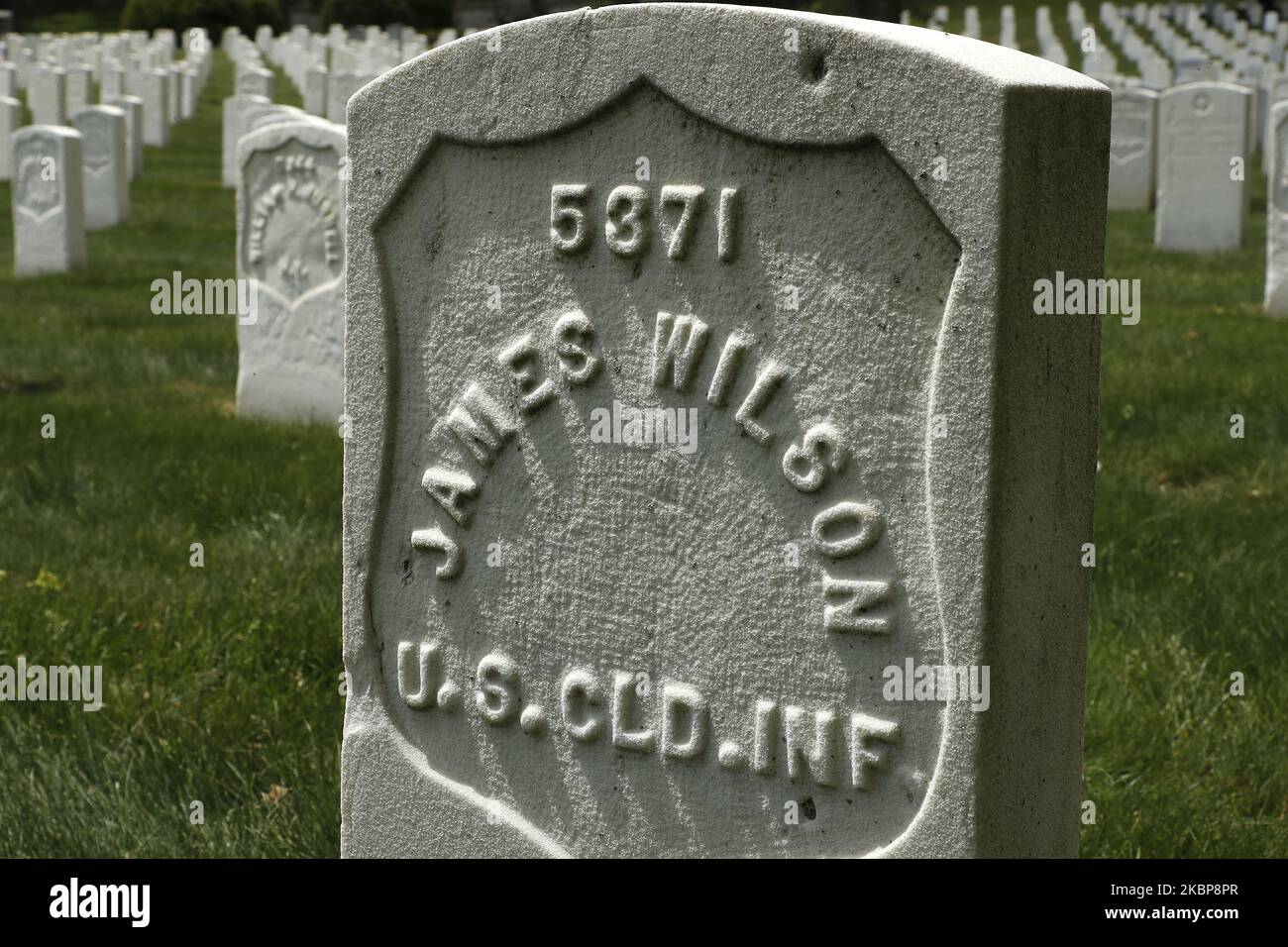 The grave stone of US Soldier James Wilson is seen at Cypress Hill Cemetery, in the Brooklyn Borough of New York City USA on May, 24, 2020. Memorial Day is an American holiday which commemorates the men and women who died while serving in the U.S. military. (Photo by John Lamparski/NurPhoto) Stock Photo