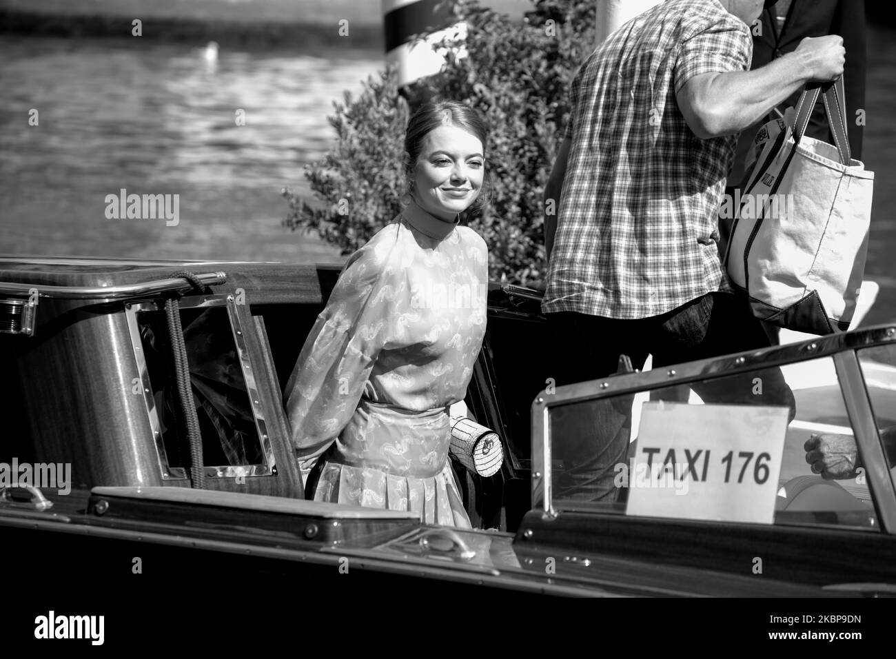 (EDITOR'S NOTE: Image was converted to black an white) Emma Stone is seen during the 75th Venice Film Festival on August 30, 2018 in Venice, Italy. (Photo by Mairo Cinquetti/NurPhoto) Stock Photo