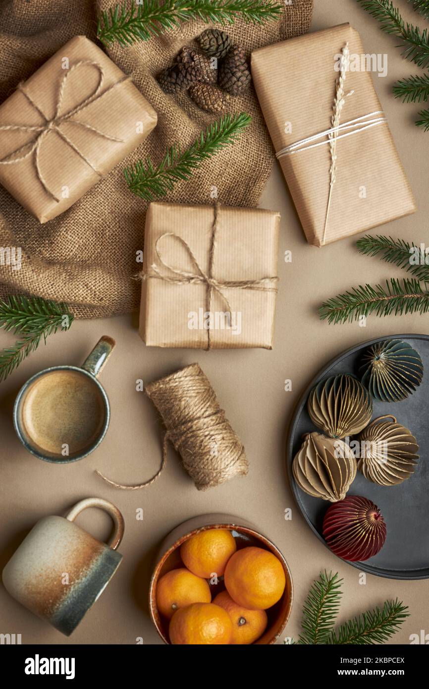 A studio photo of a christmas presents and ornaments Stock Photo