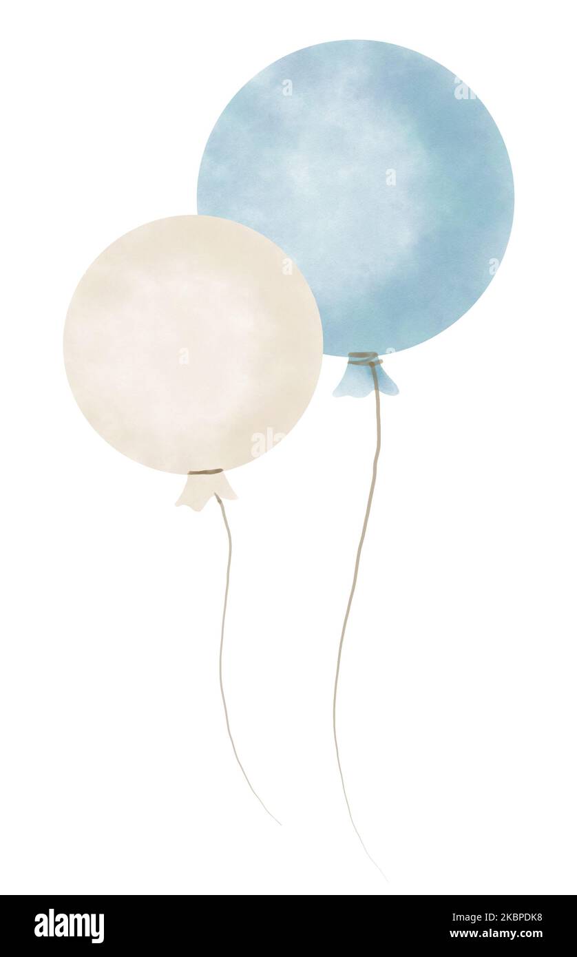 Bunch of blue and beige watercolor Helium Balloons. Hand drawn