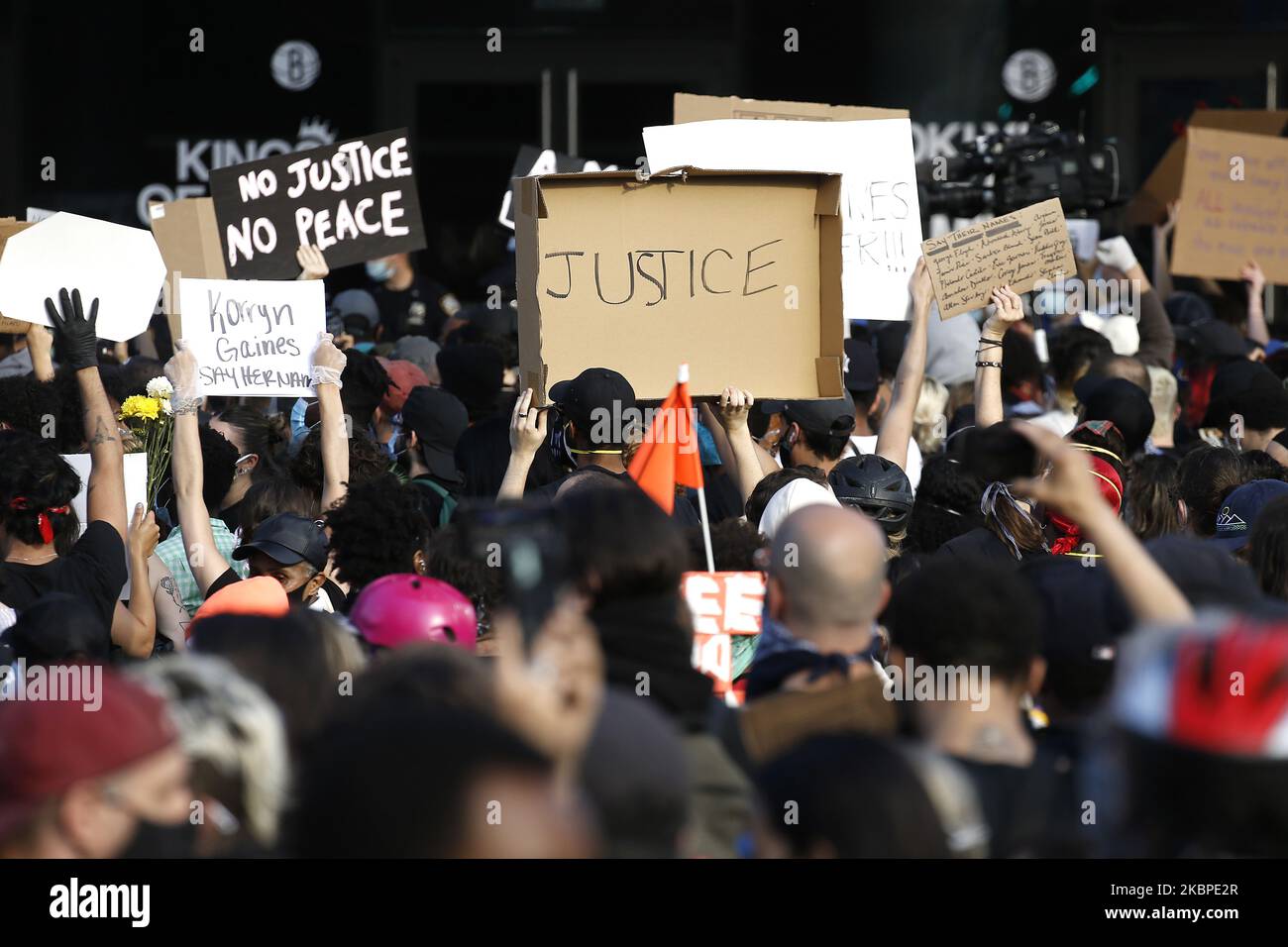 Demostrators protest in Barclays Center, New York, US, on May 29, 2020 ...